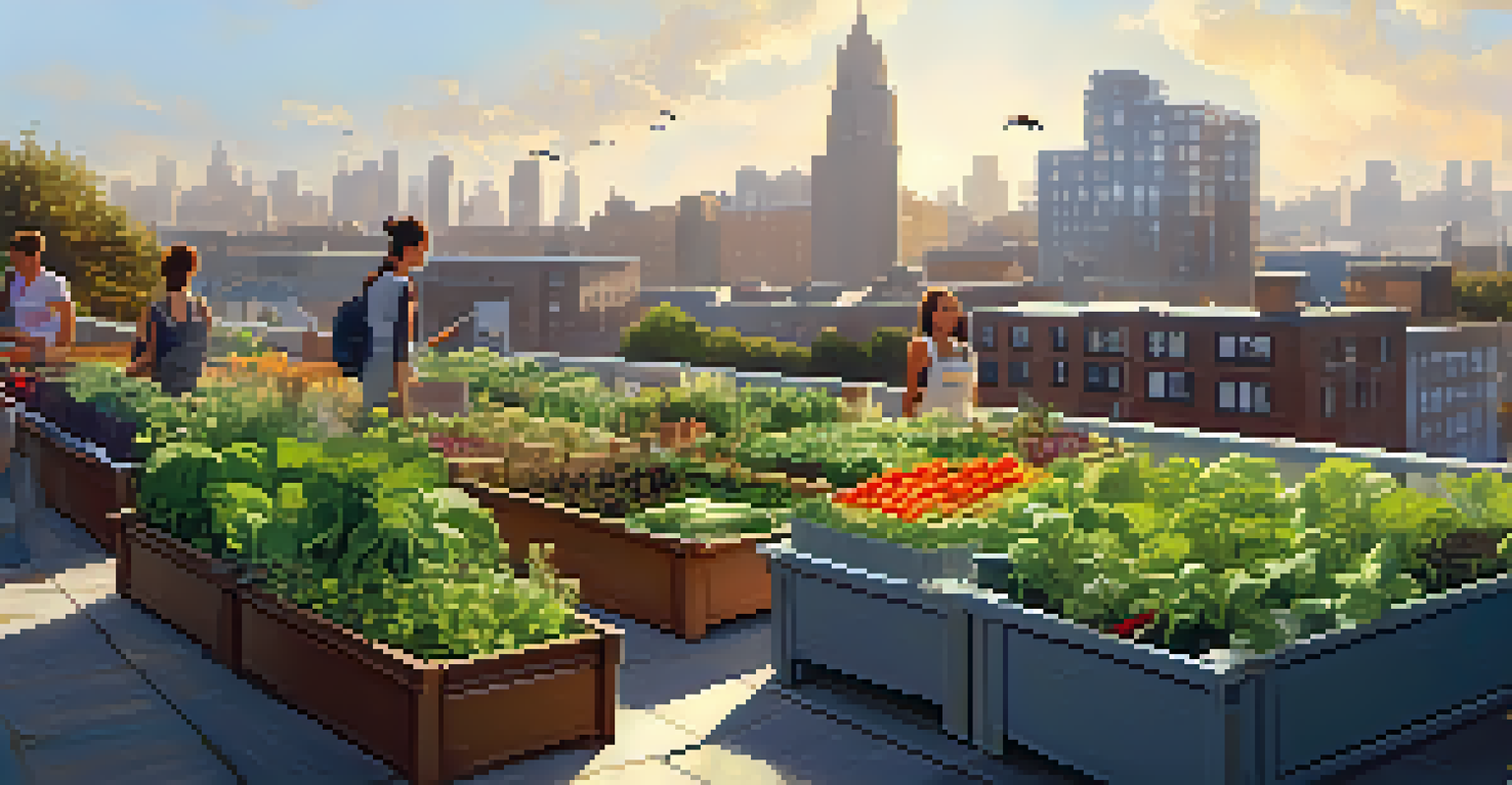 A rooftop urban garden with raised beds of vegetables and herbs, overlooking city buildings, as people harvest fresh produce under warm sunlight.
