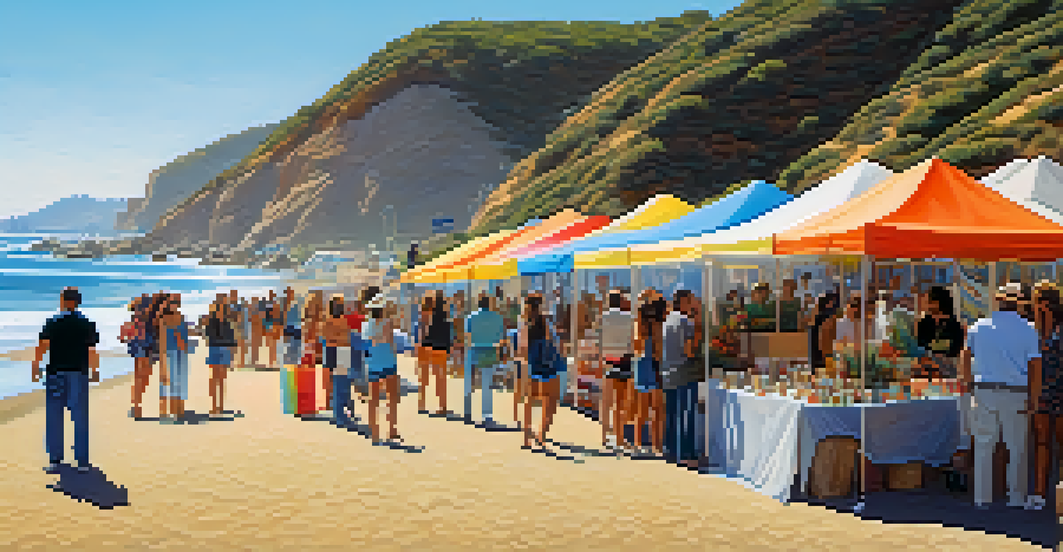 An outdoor art event in Malibu with colorful stalls, local artists showcasing their work, and the beautiful coastline in the background.
