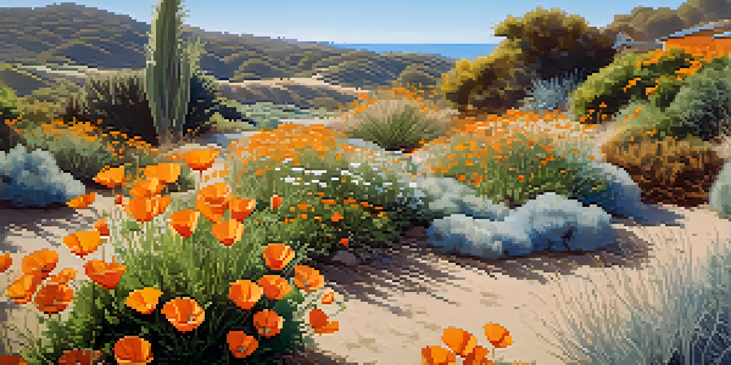 A vibrant Malibu garden with native plants including California poppies and coastal sagebrush, basking in warm sunlight under a clear blue sky.