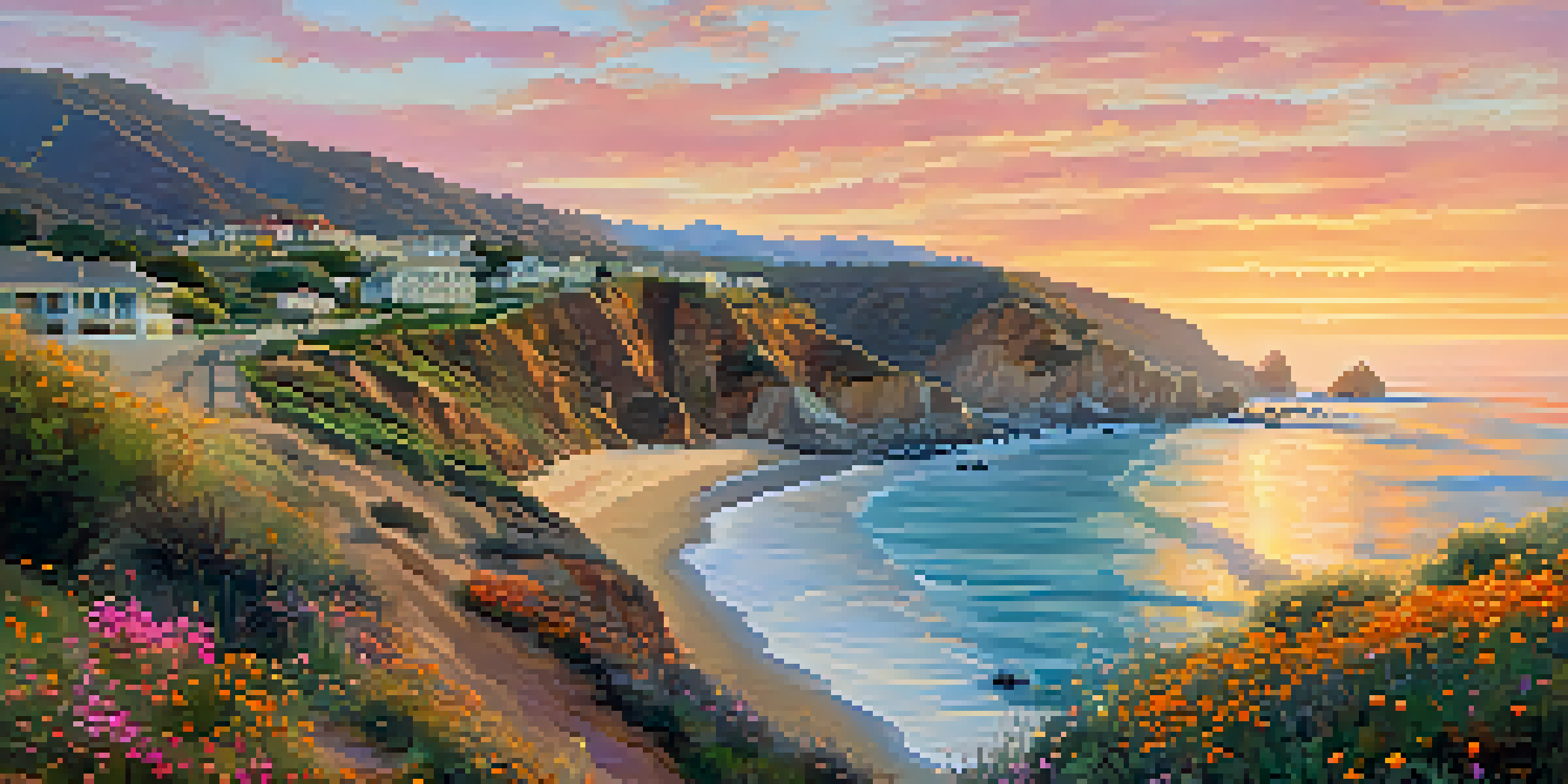 A scenic sunrise over Malibu's coastline, with cliffs and a sandy beach, and a hiking trail bordered by wildflowers.