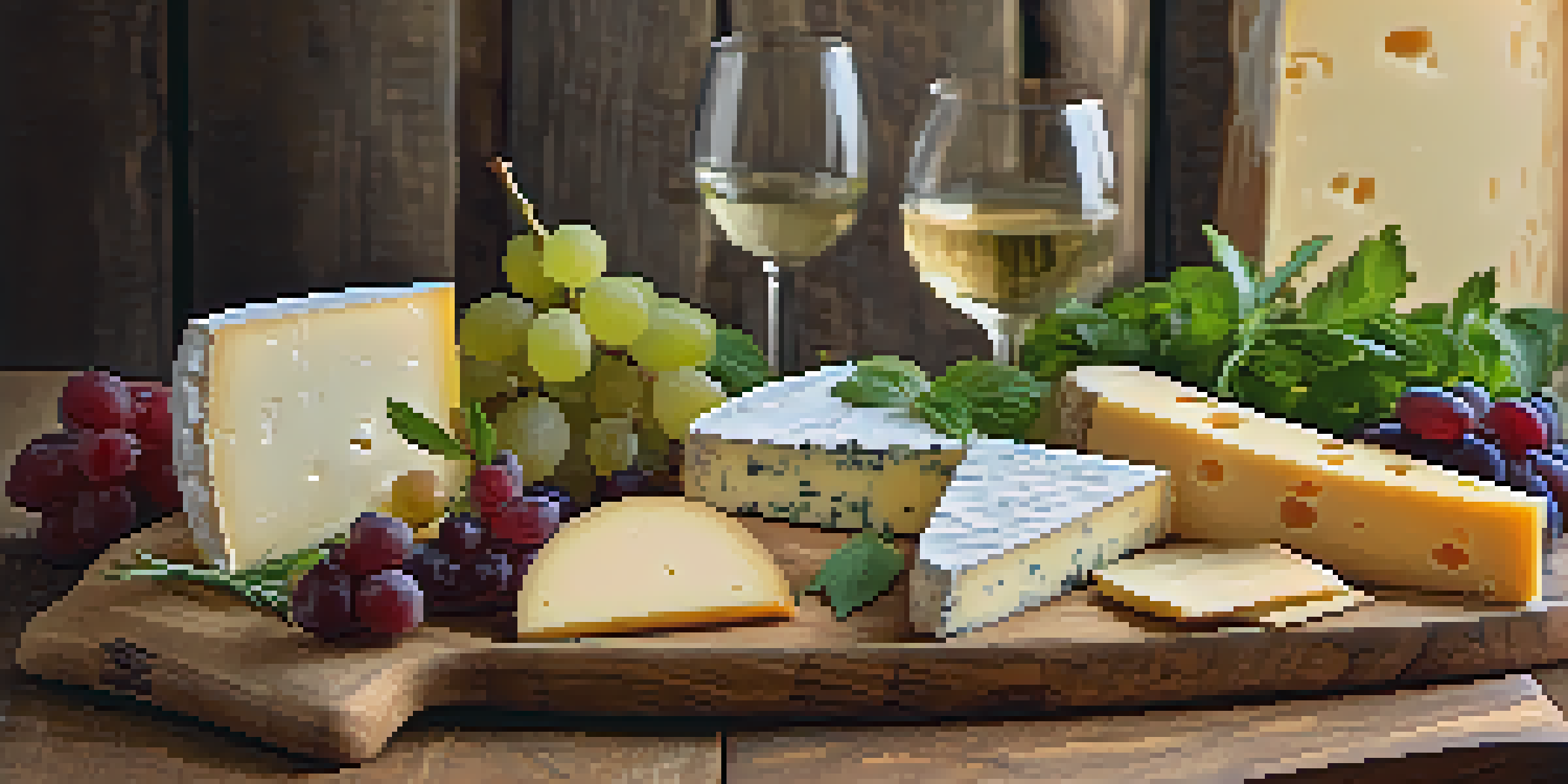 A cheese board with various cheeses and a glass of Chardonnay on a wooden table, illuminated by soft lighting.