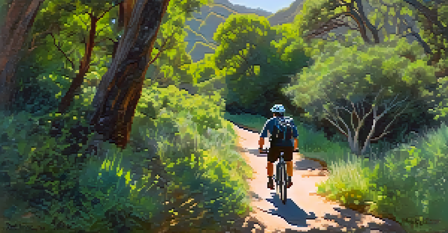 A mountain biker on the Solstice Canyon Trail, surrounded by lush greenery and sunlight filtering through the trees.