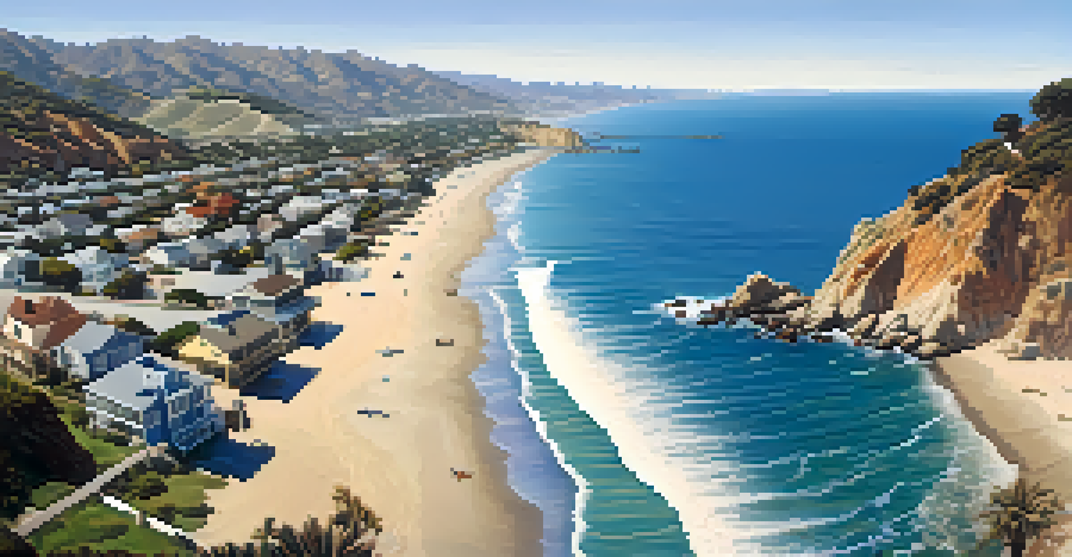 An aerial view showing the coastal erosion in Malibu, featuring developed areas and natural landscapes.