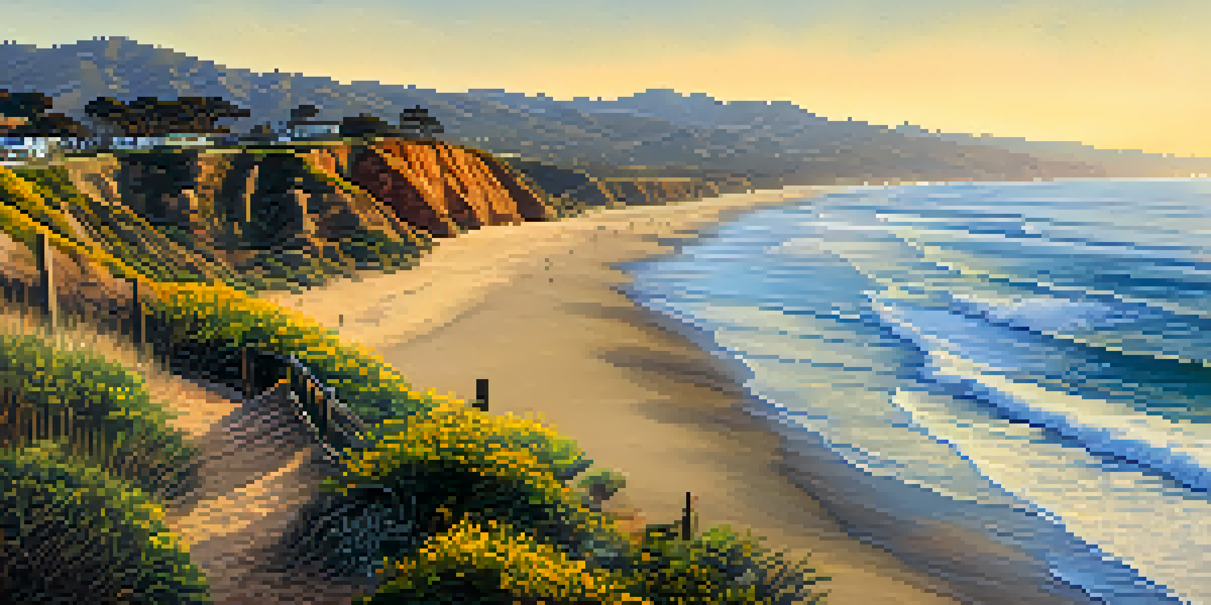 A sunset view of Point Dume State Beach with ocean waves and native plants in the foreground, and hikers on the trails.