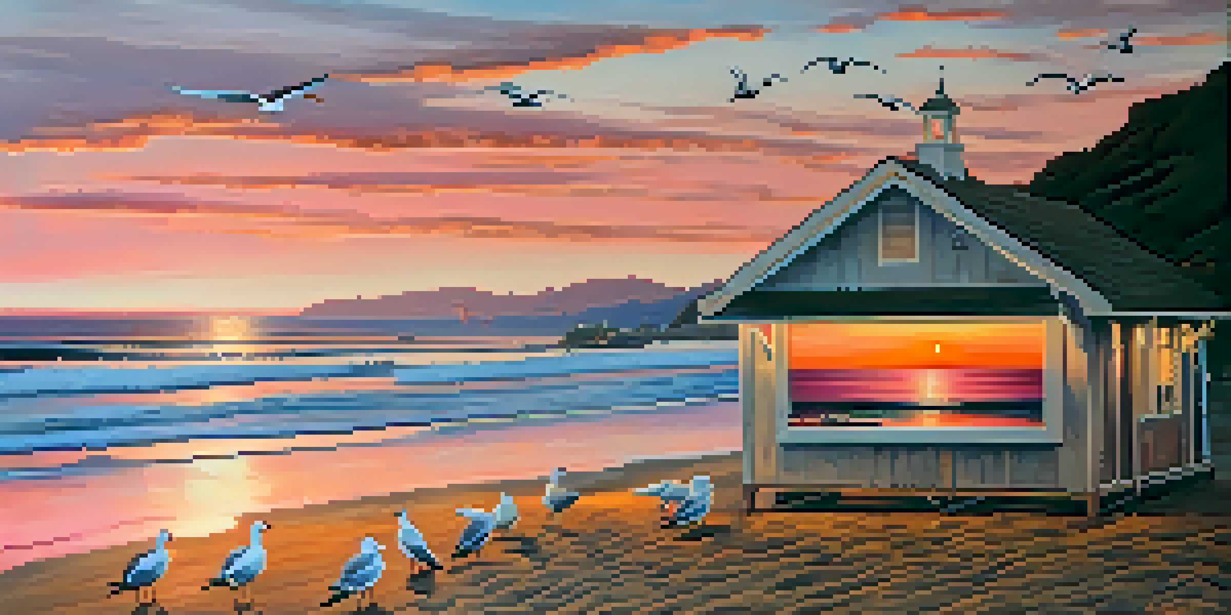 A beautiful sunset over a calm ocean at Malibu beach, with an art gallery in the foreground displaying colorful paintings.