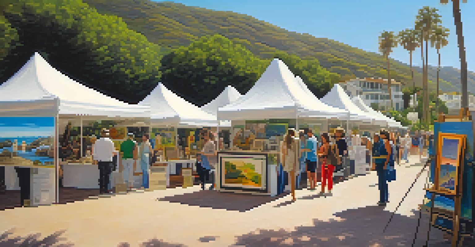 An outdoor art exhibition in Malibu featuring local artworks with visitors admiring the pieces.