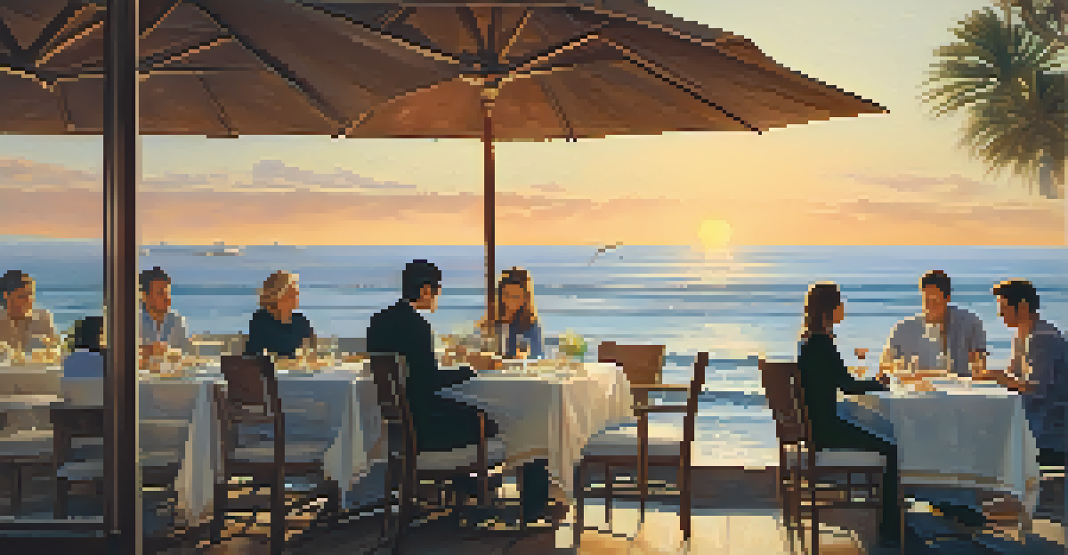 Diners at an outdoor restaurant enjoying sustainable seafood with the ocean in the background during sunset.