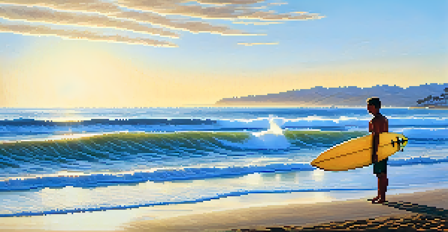 A close-up of a surfer paddling out at Zuma Beach on a sunny morning, with families in the background.