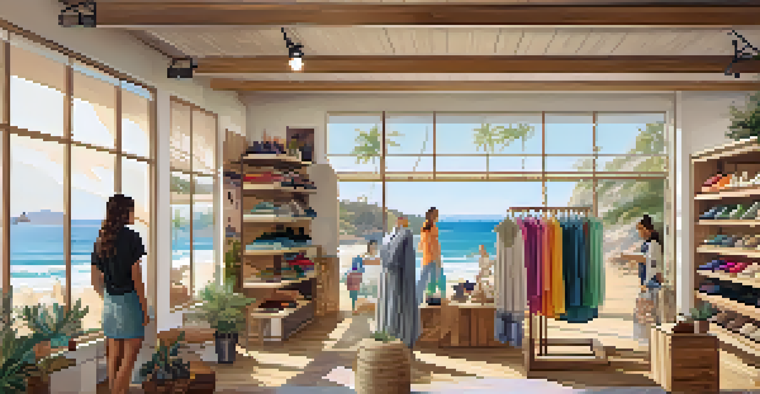 Inside a Malibu boutique with eco-friendly clothing, featuring shoppers and a view of the beach through large windows.