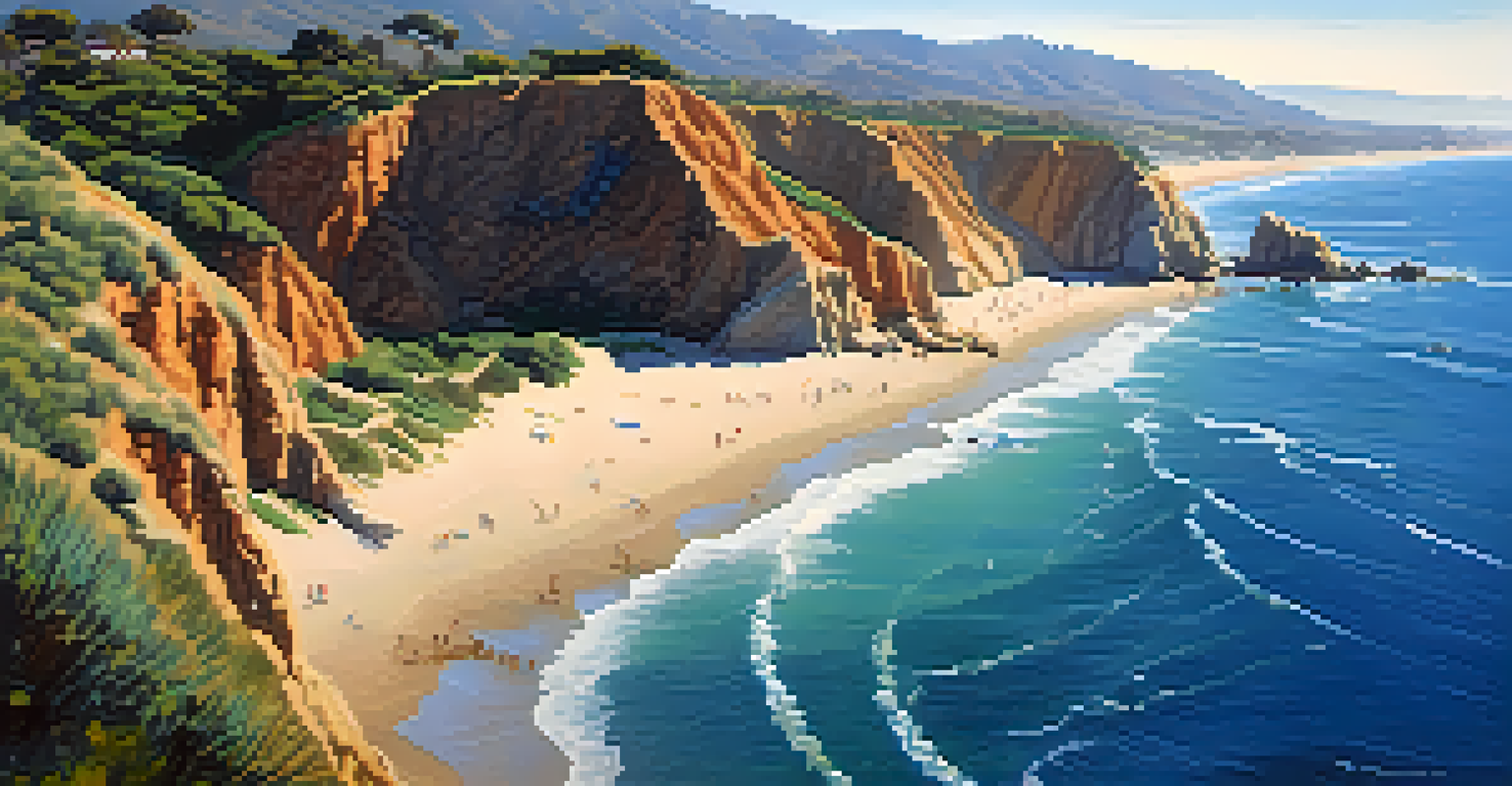 Aerial view of Point Dume Nature Preserve with ocean bluffs, sandy beaches, and dolphins in the surf.
