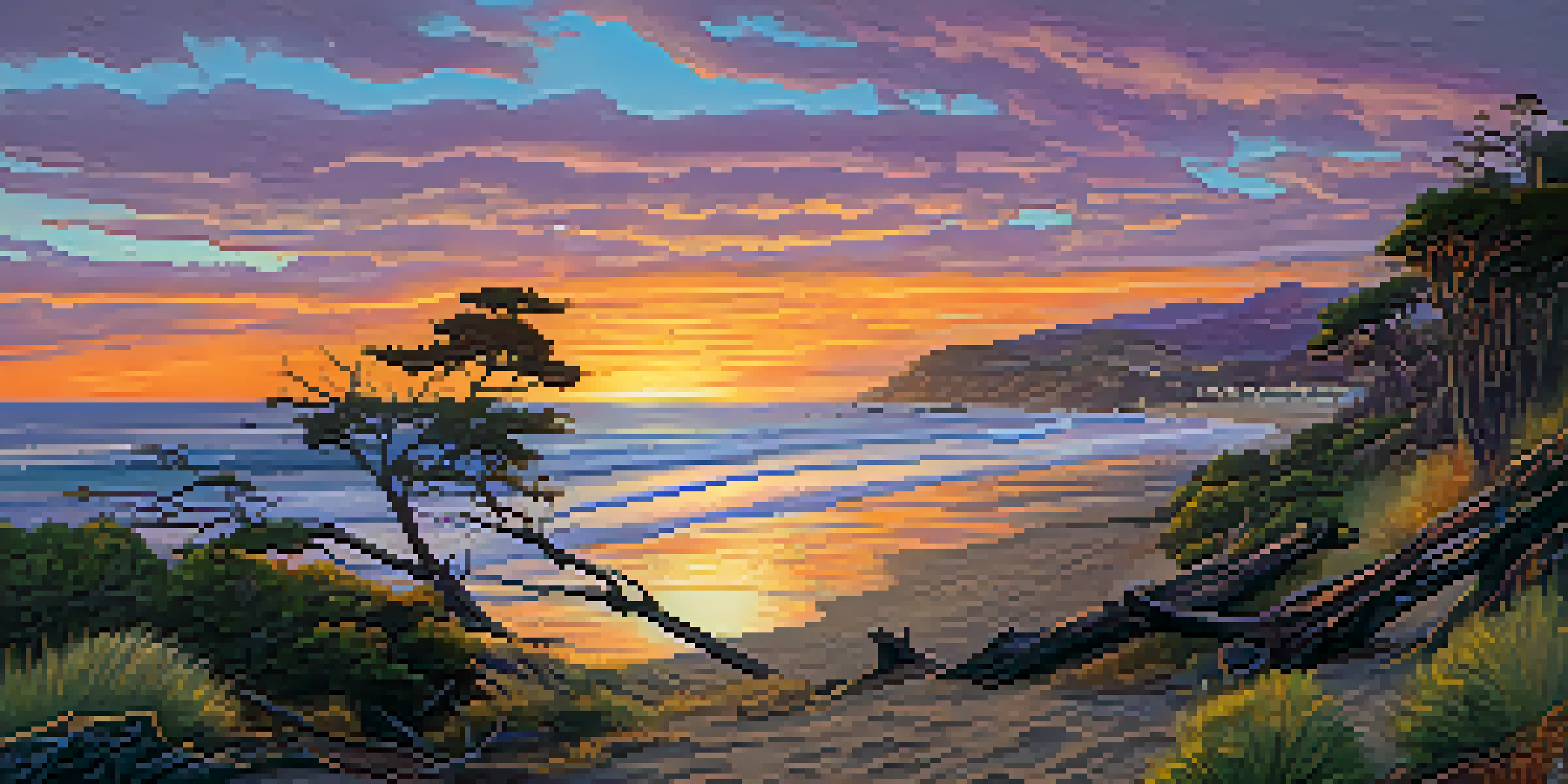 A sunset over the Malibu coastline, featuring vibrant sky colors and charred trees in the foreground, symbolizing recovery.