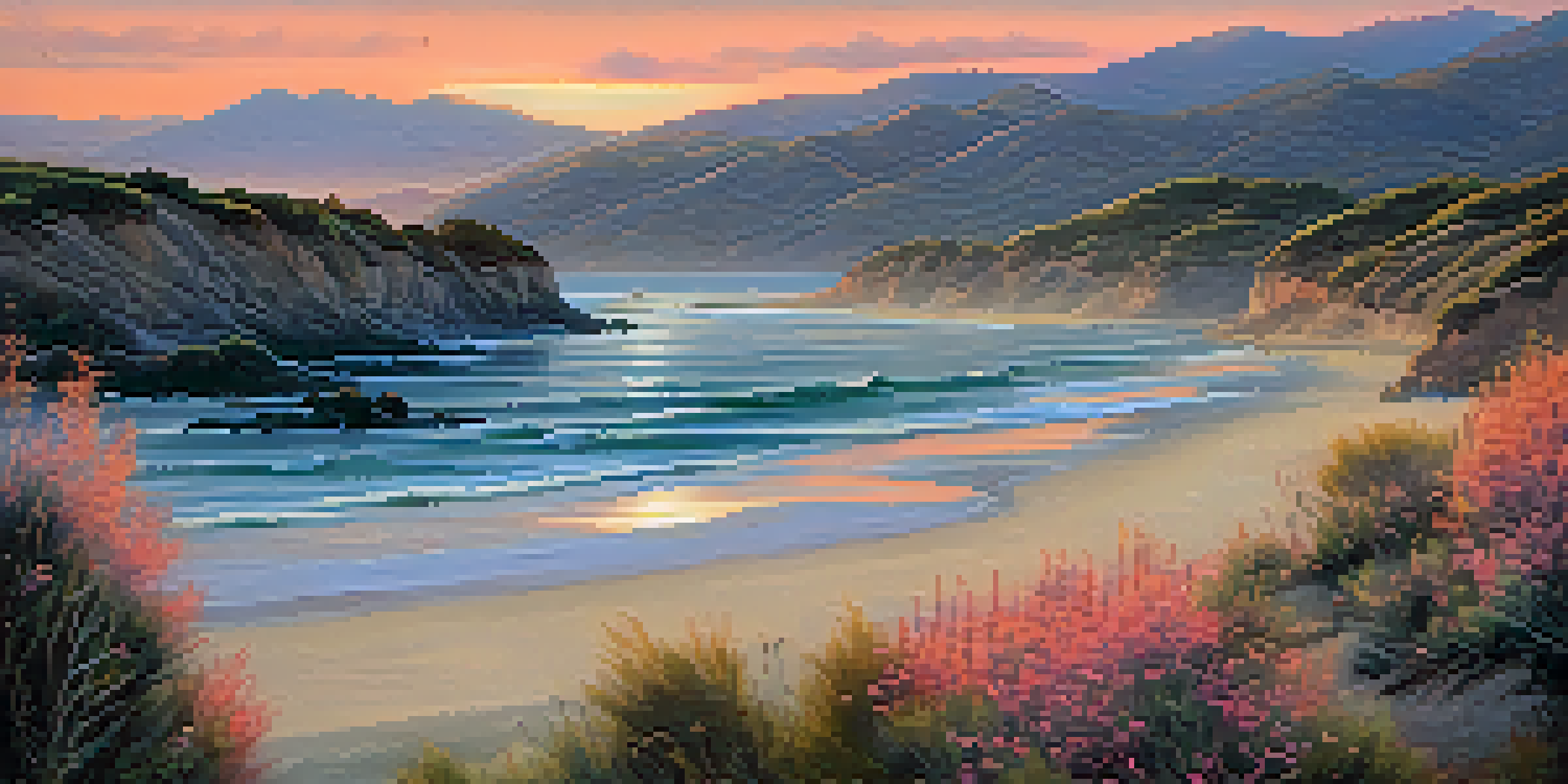 A sunset over Malibu's coastline with orange and pink skies, calm waters, and native plants. Two California gnatcatchers are perched on a branch.