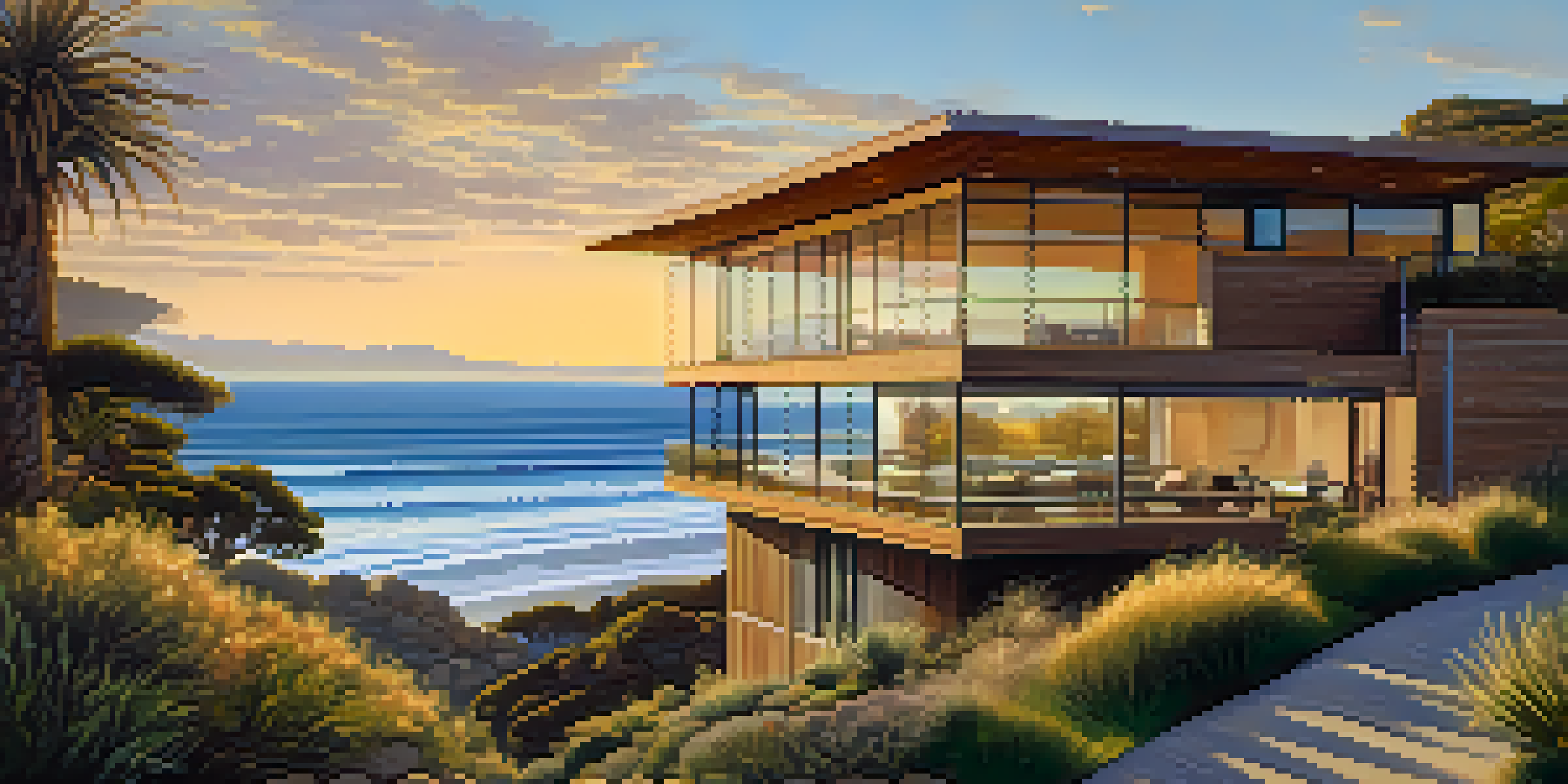 A coastal view of Malibu with a sustainable building integrated into the landscape, reflecting the ocean at sunset.
