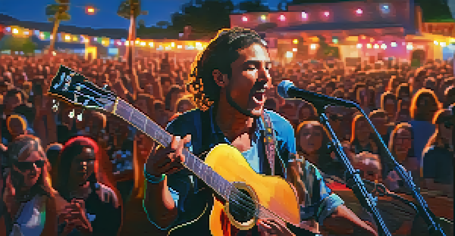 A local musician passionately performing at a Malibu festival, with an engaged audience and colorful stage lights in the background.