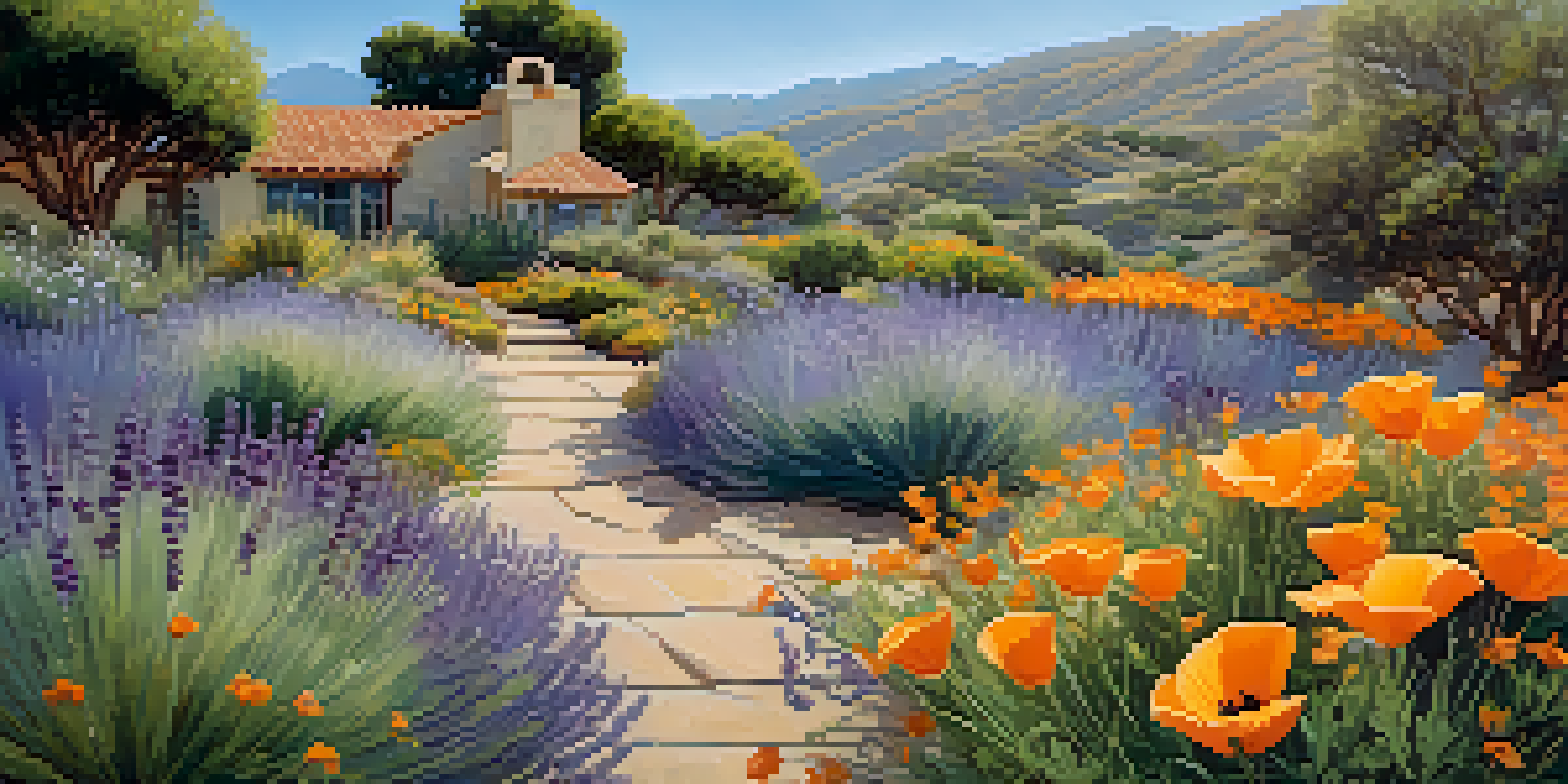 A colorful garden in Malibu featuring drought-resistant native plants like California poppies and lavender, with a stone pathway.