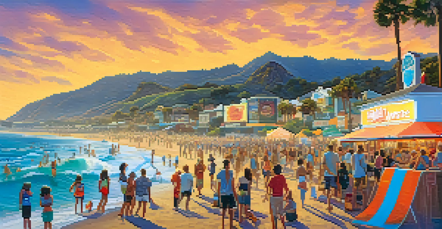 A vibrant festival scene with attendees enjoying food and art installations, with a beach and surfers in the background.