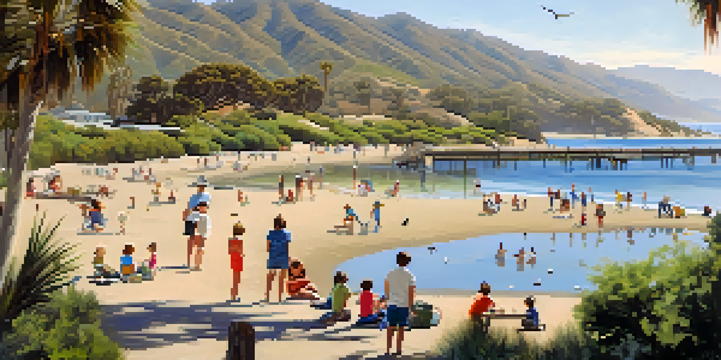 Children exploring the lush Malibu Lagoon with birds and picnic areas nearby, with the beach in the background.