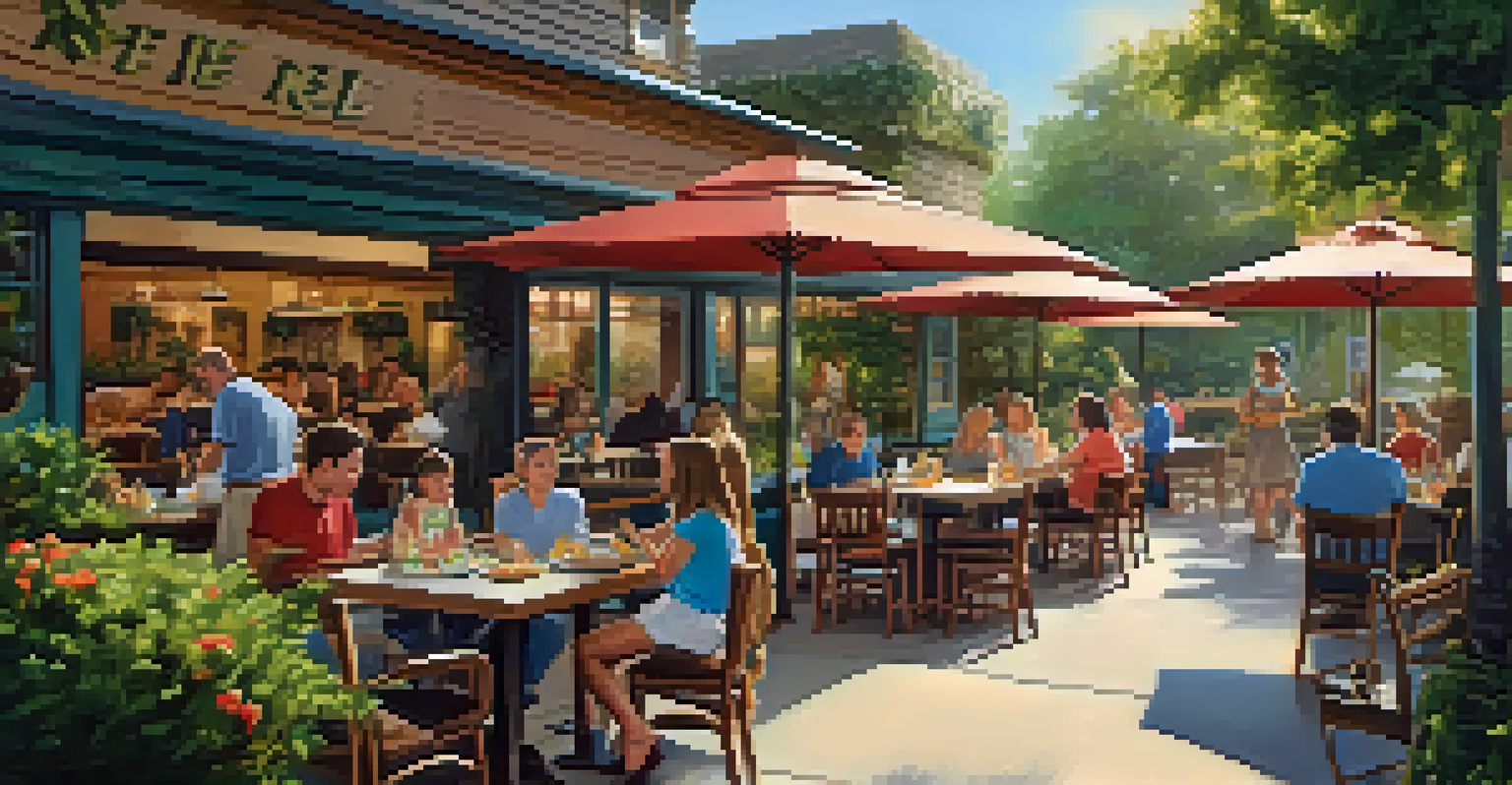 Families enjoying seafood at The Reel Inn, with kids playing in a lush outdoor setting and bright sunlight.