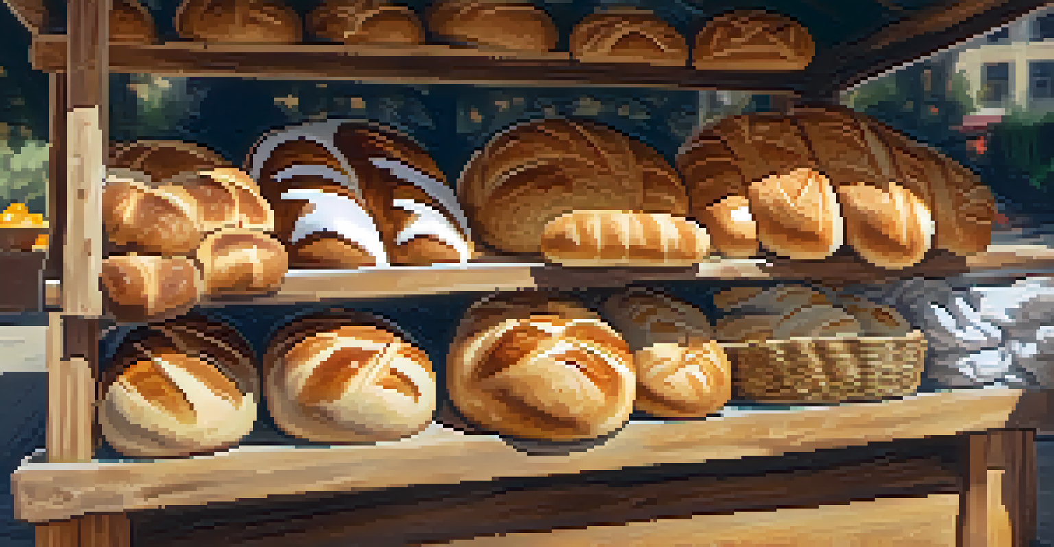A close-up of a stall displaying fresh artisan bread and pastries at a farmers market.