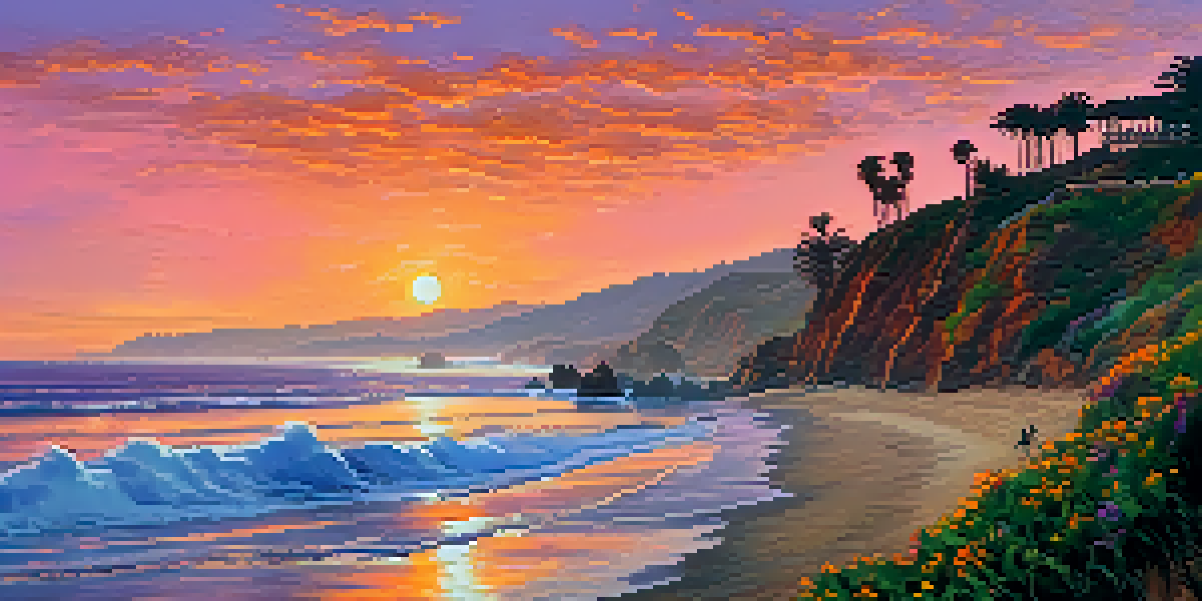 A stunning sunset over Point Dume State Beach with surfers and cliffs in the background.