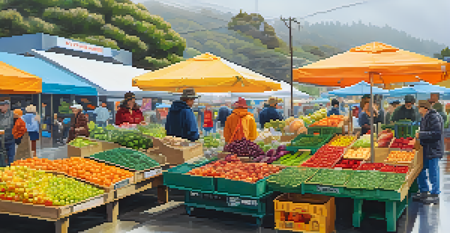 A lively Malibu farmer's market on a rainy day, with vendors and customers in raincoats, showcasing colorful fresh produce.
