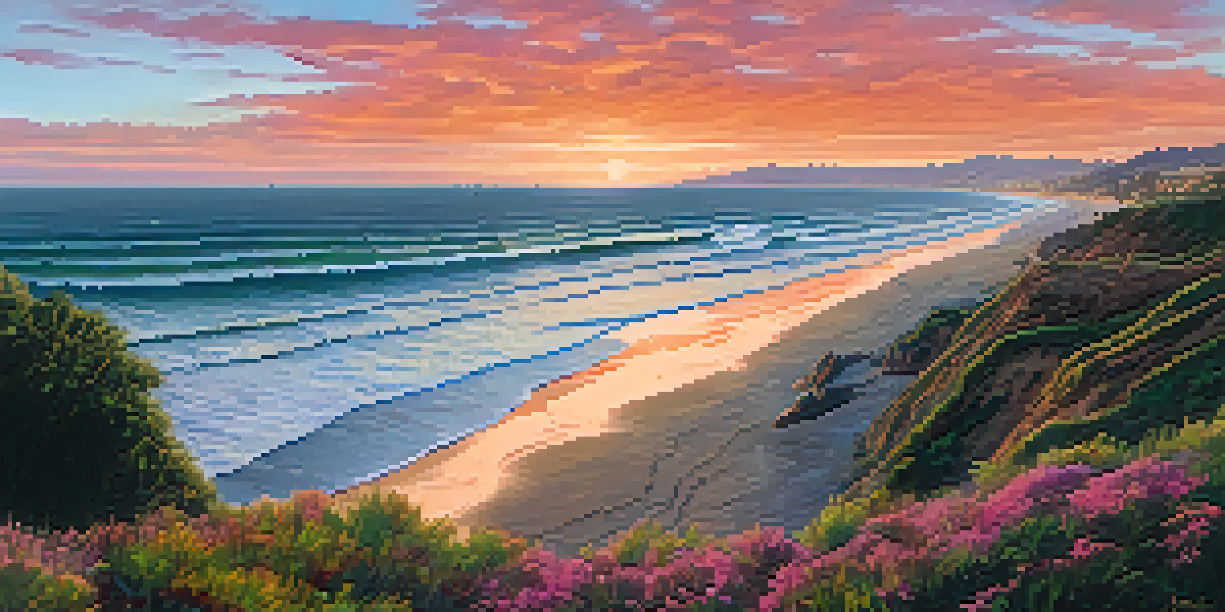 A scenic view of Malibu's coastline during sunset, with colorful skies and silhouettes of surfers in the ocean.