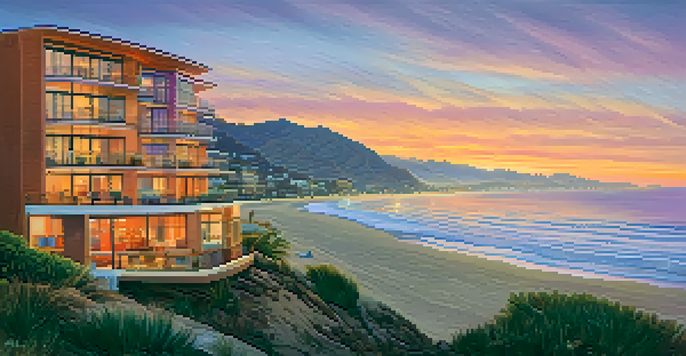 A scenic sunset view of Malibu's coastline featuring luxury condos and historical buildings, with vibrant colors in the sky and people on the beach.