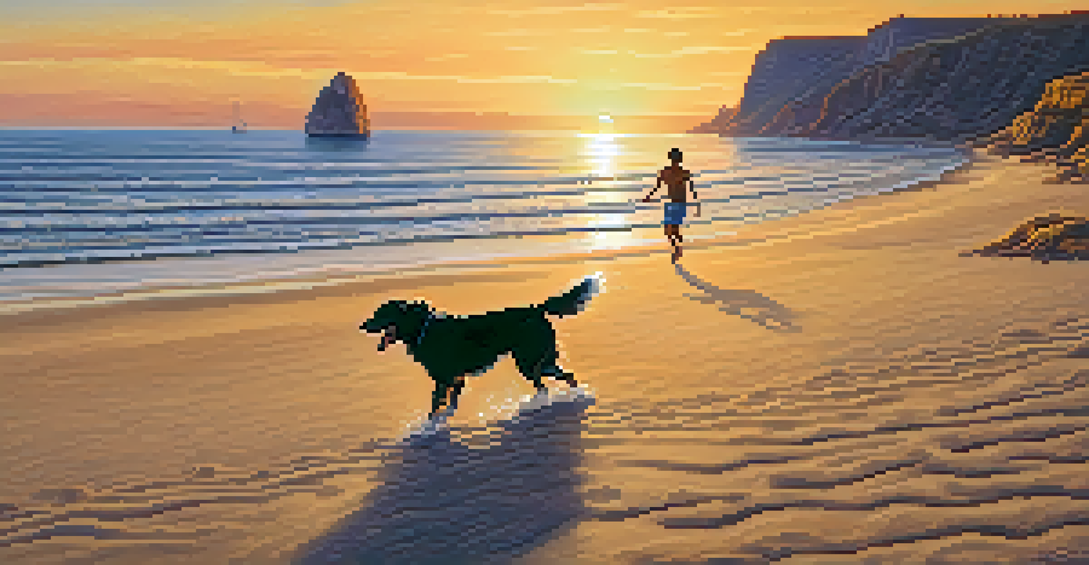 A peaceful sunset at Lechuza Beach with a dog running along the shoreline and its owner playing with a frisbee.