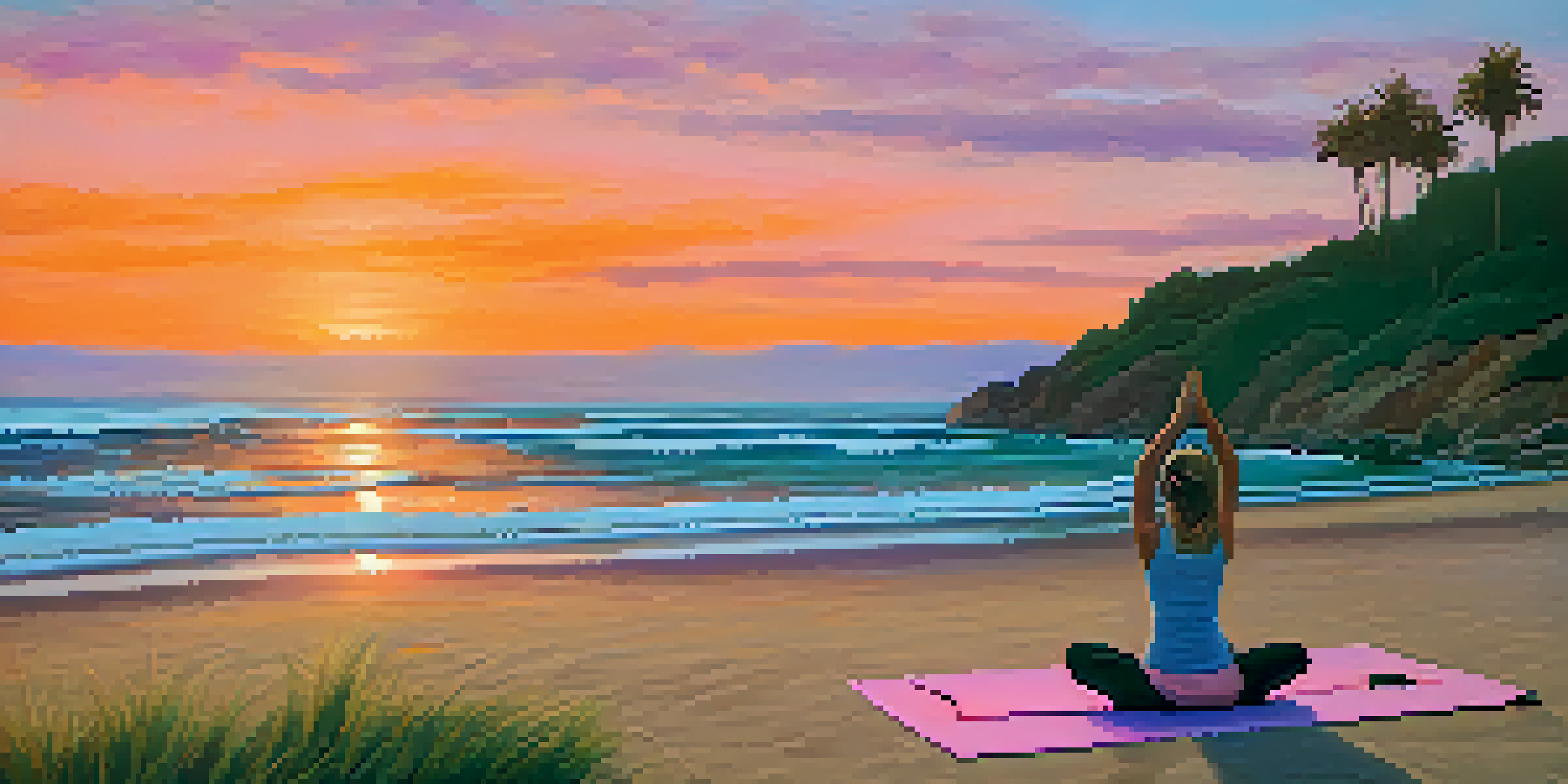 A person practicing yoga on a beach mat in Malibu during sunset, with colorful skies and gentle waves in the background.