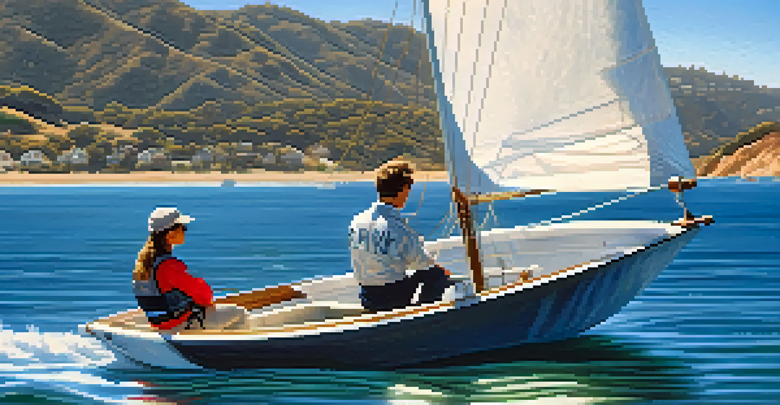 A beginner sailor on a small sailboat adjusting sails in Malibu Bay with a clear blue sky.
