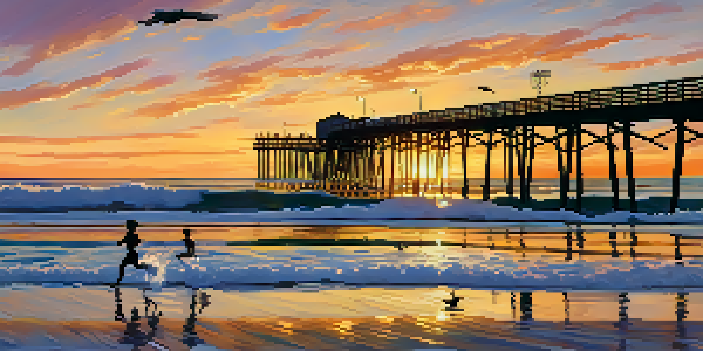 A panoramic view of Malibu Pier at sunset with colorful sky and surfers.