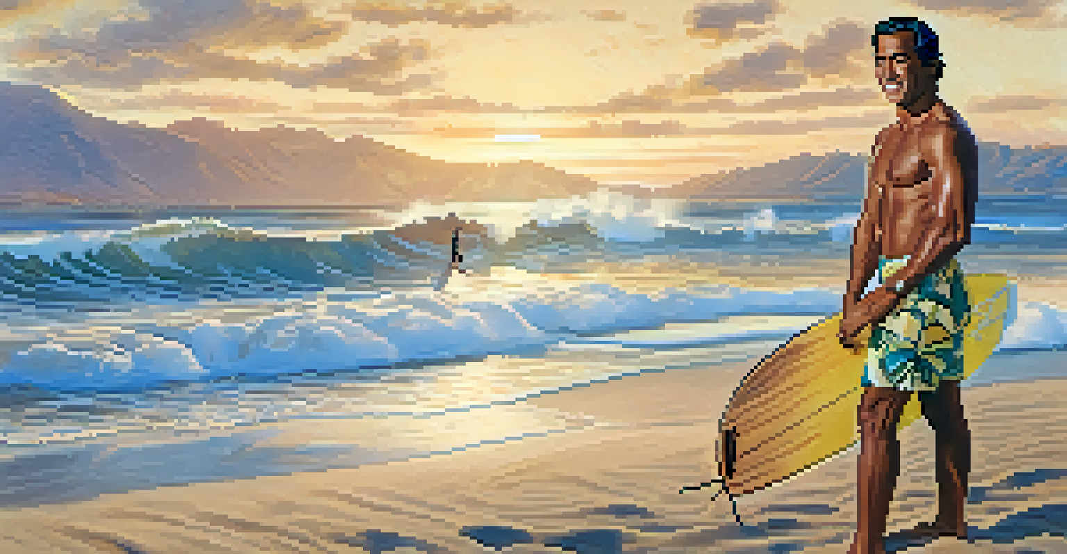 Duke Kahanamoku posing with his surfboard on the beach in Malibu during sunset, wearing a Hawaiian shirt.