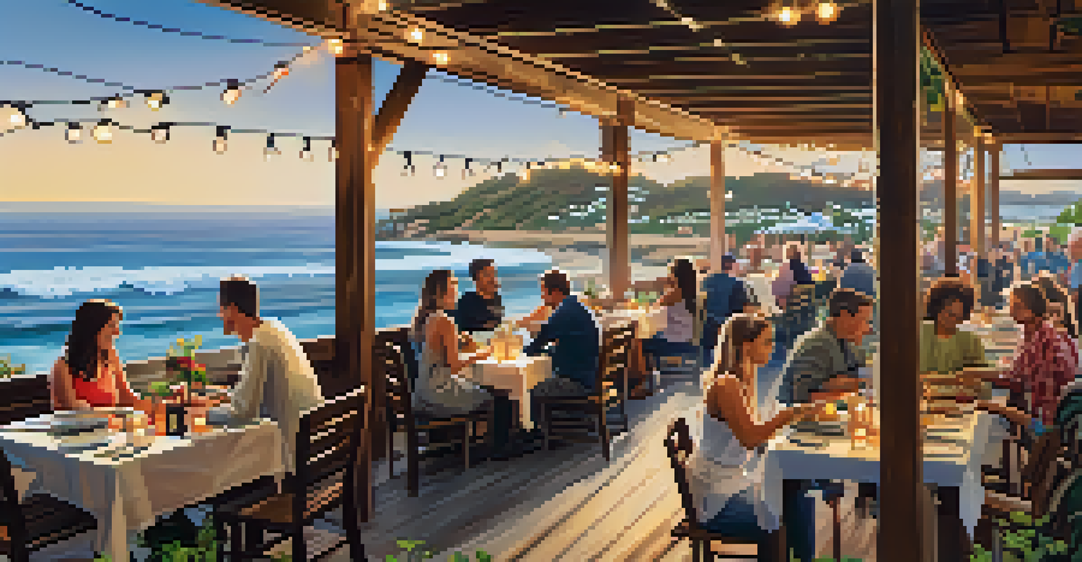 A lively outdoor dining experience at a Malibu restaurant with rustic tables, fresh local produce, and ocean views, highlighting sustainable practices.