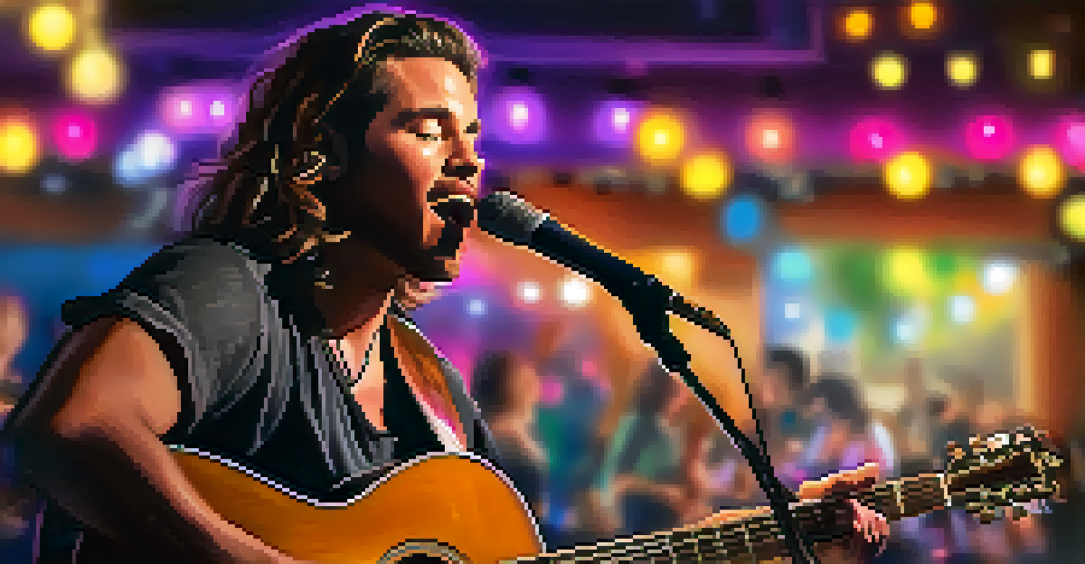 A local musician performing passionately at the Malibu Inn with an acoustic guitar, highlighting their expression and the vibrant atmosphere.