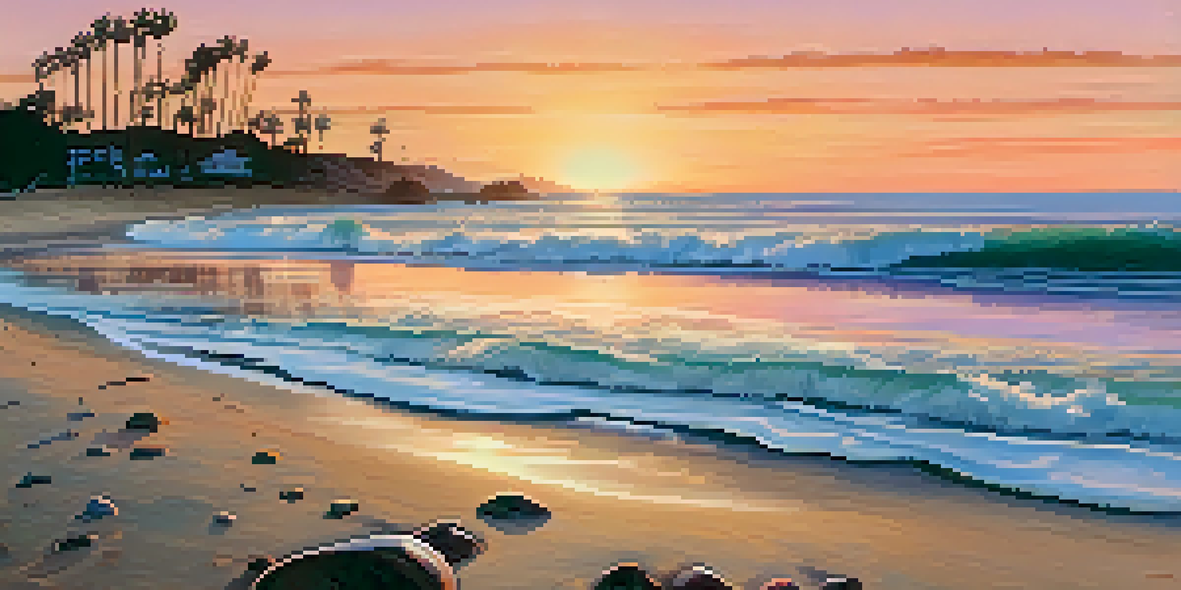 A sunset view of Malibu's beach with warm colors in the sky and gentle waves on the sandy shore, framed by palm trees.