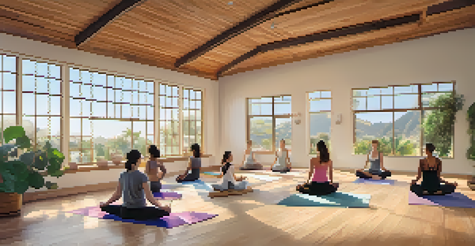 An indoor yoga class in a cozy studio with large windows and natural light, showing an instructor and students practicing together.