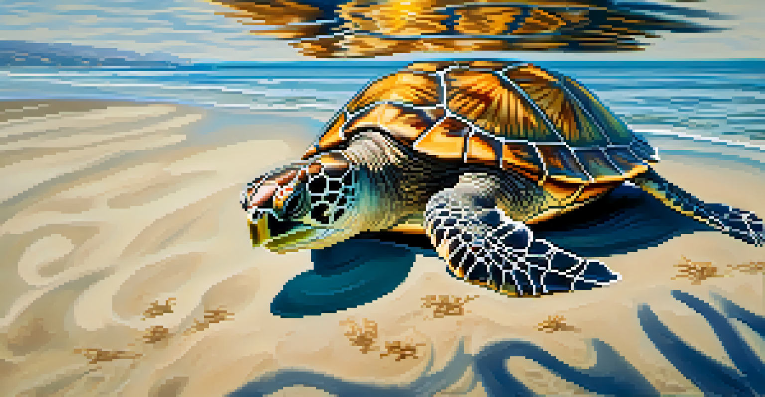 A close-up of a sea turtle swimming near the shore, with sunlight filtering through the water.