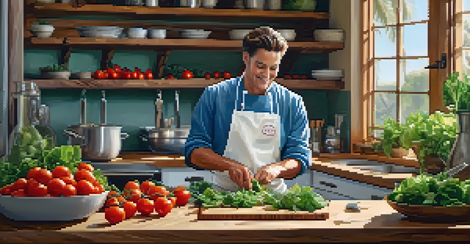 A chef preparing a fresh organic salad in a sunny kitchen, showcasing vibrant ingredients like tomatoes and avocados on a rustic wooden counter.