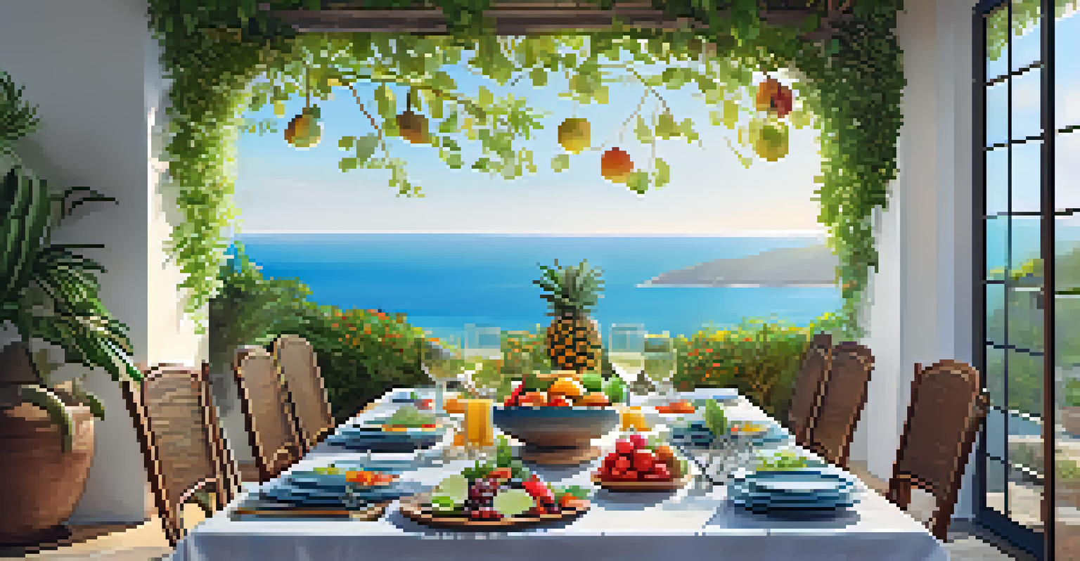 An outdoor dining table filled with healthy organic food surrounded by greenery and ocean views.
