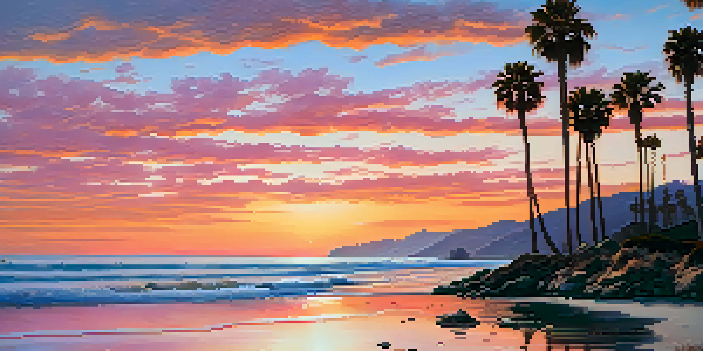 A beautiful sunset over Malibu's coastline with vibrant colors, rocky shorelines, and playful sea otters.