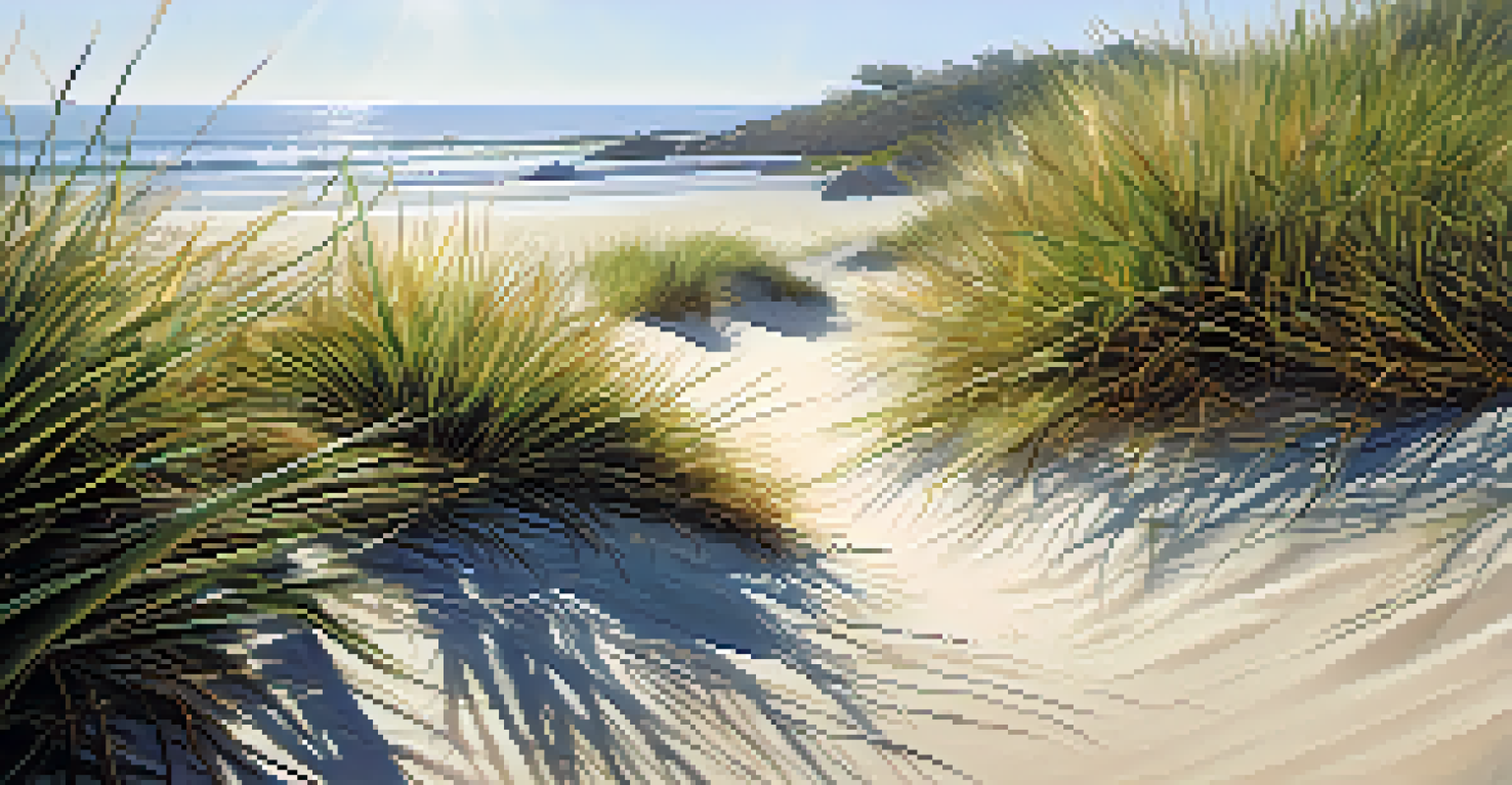 A detailed view of native coastal plants with sunlight filtering through, showcasing their textures and colors.