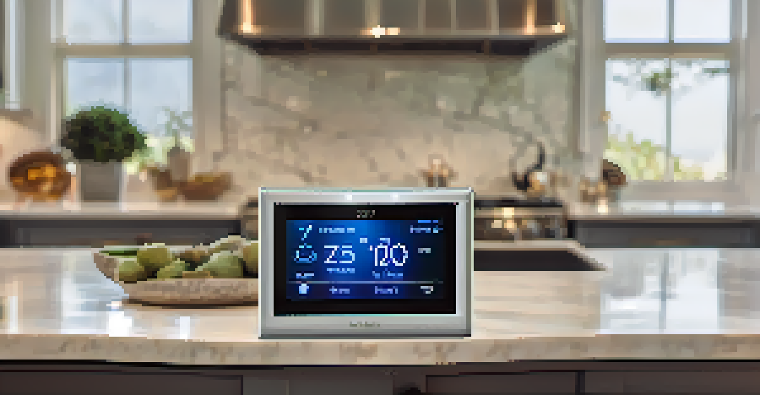 Close-up of a smart thermostat in a luxurious Malibu kitchen, showcasing high-end appliances and modern design.