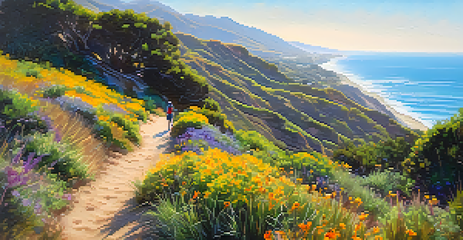 A colorful hiking trail in Malibu with wildflowers and ocean views, featuring hikers enjoying the scenery.