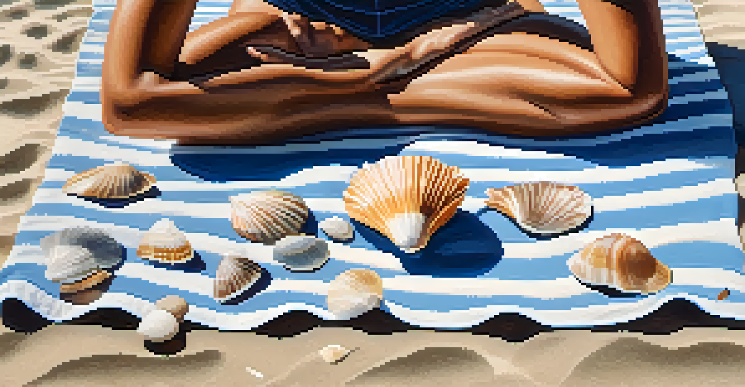 Close-up of hands in a yoga mudra on a beach towel with seashells around, ocean waves in the background.