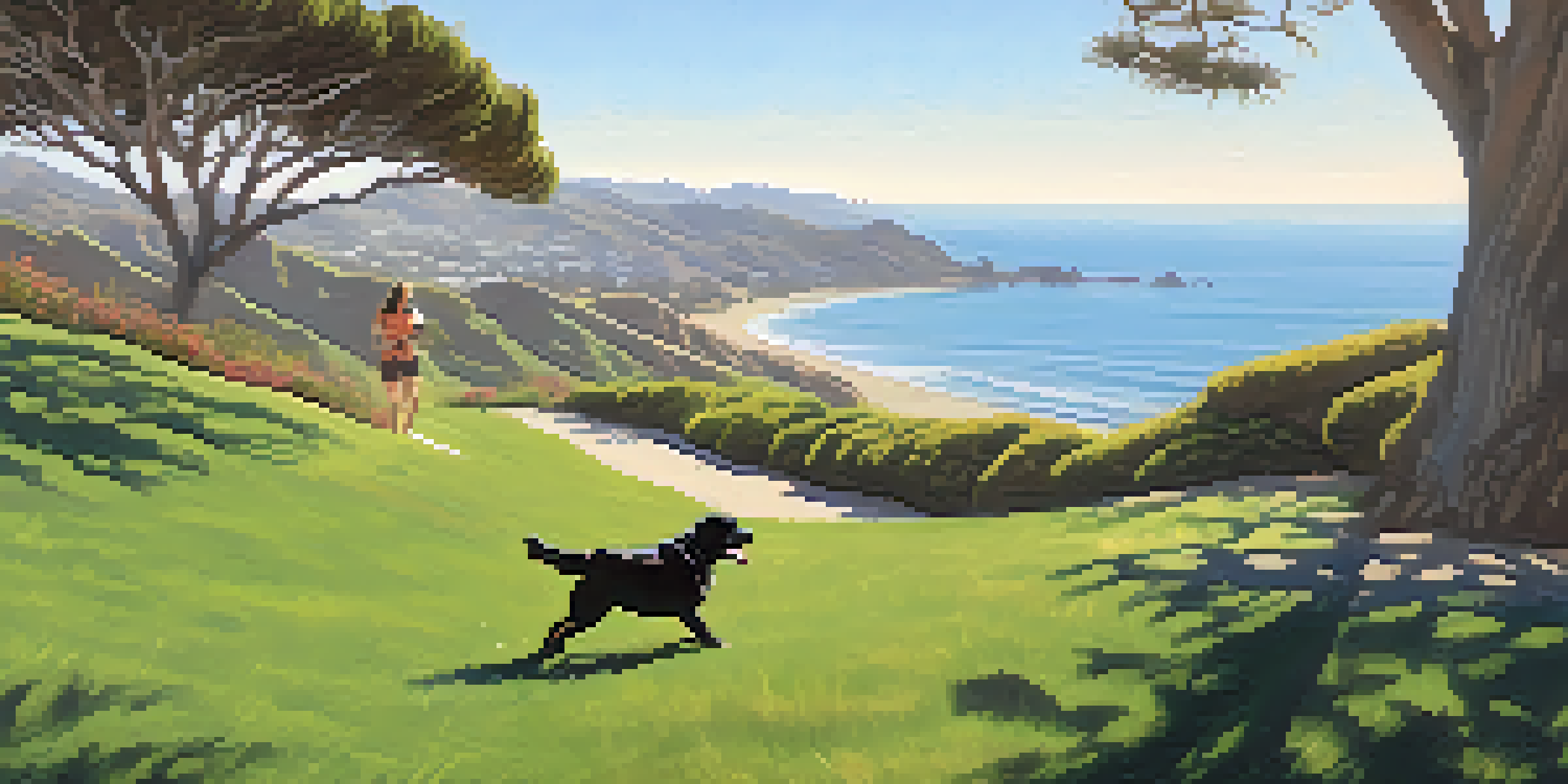 A playful dog chasing a frisbee in Malibu Bluffs Park, with ocean views and dog owners in the background.