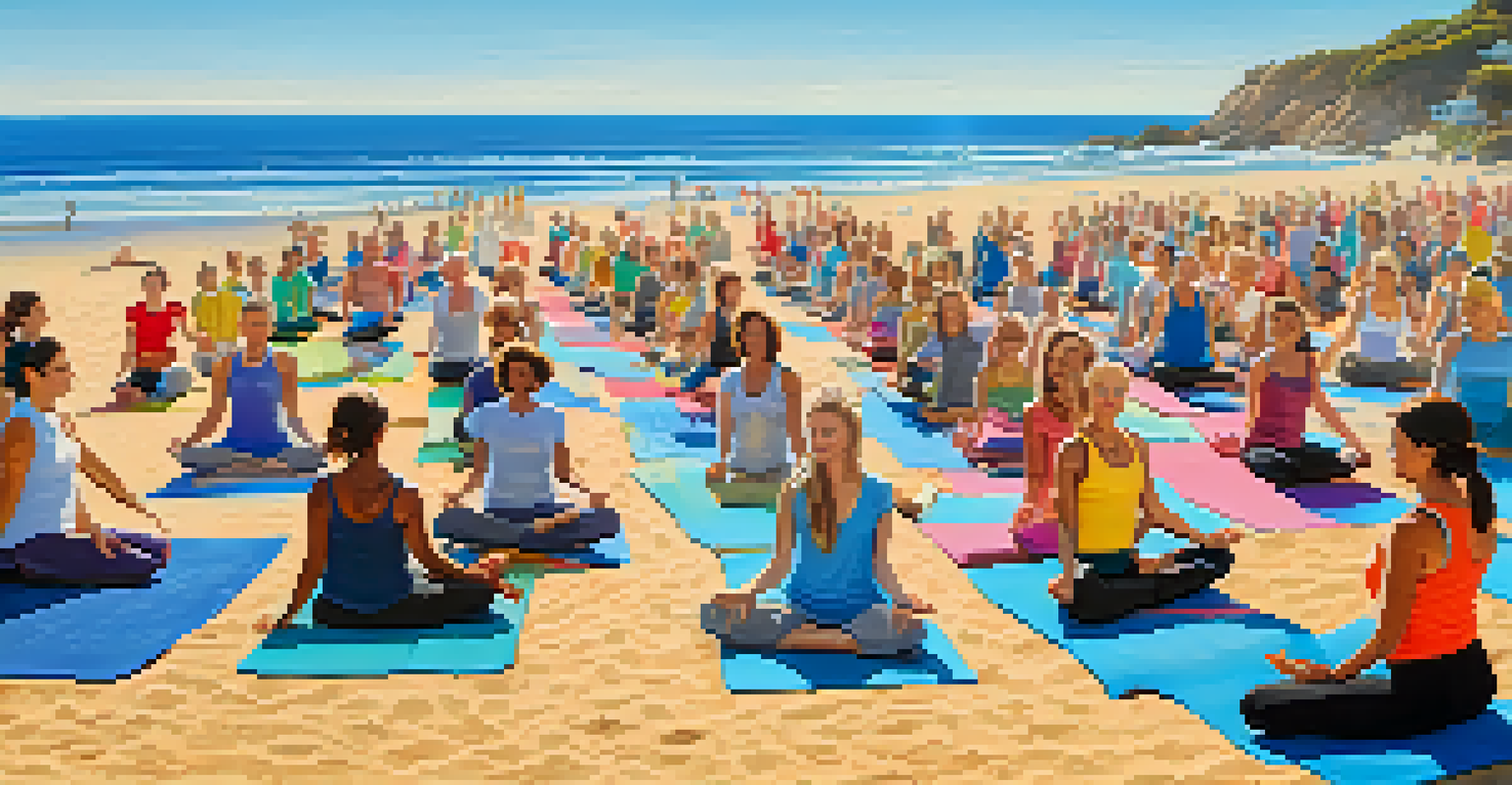 A diverse group of people practicing yoga on colorful mats on a beach with the ocean in the background.