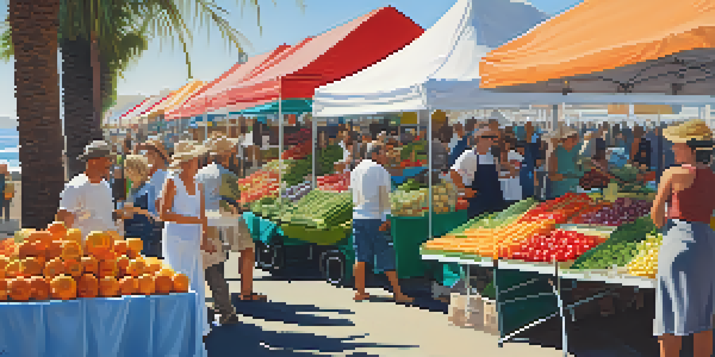 A lively farmers' market in Malibu with colorful produce stalls, friendly vendors, and families enjoying the day under the sun with the ocean in the background.