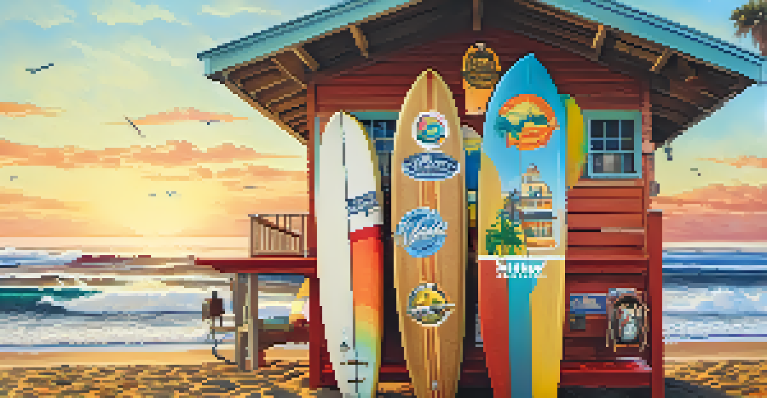 Close-up of a vintage surfboard next to a lifeguard tower at Malibu beach with crashing waves in the background.