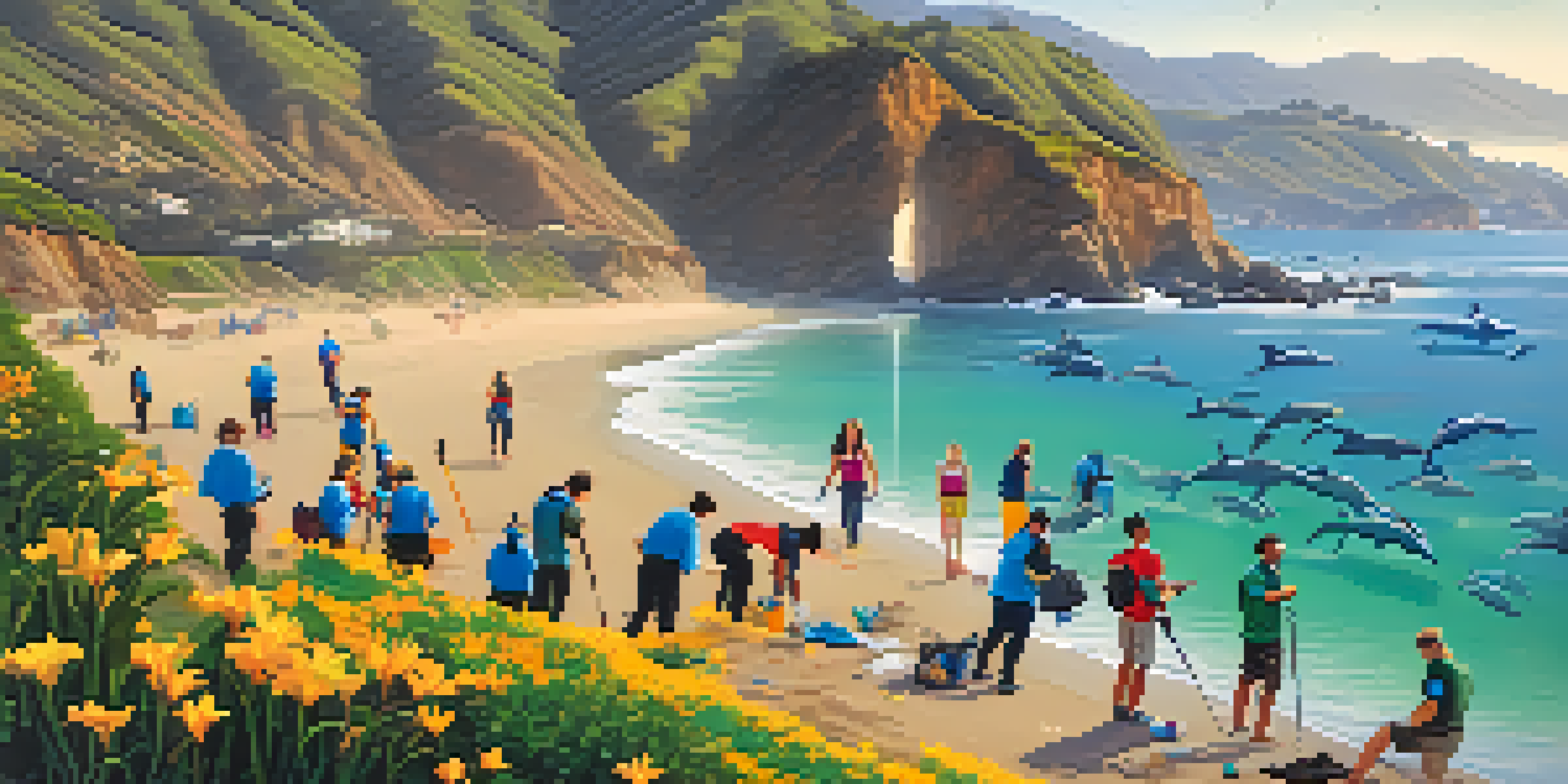 A colorful sunrise over Malibu's coastline, with volunteers cleaning the beach and dolphins jumping in the ocean.