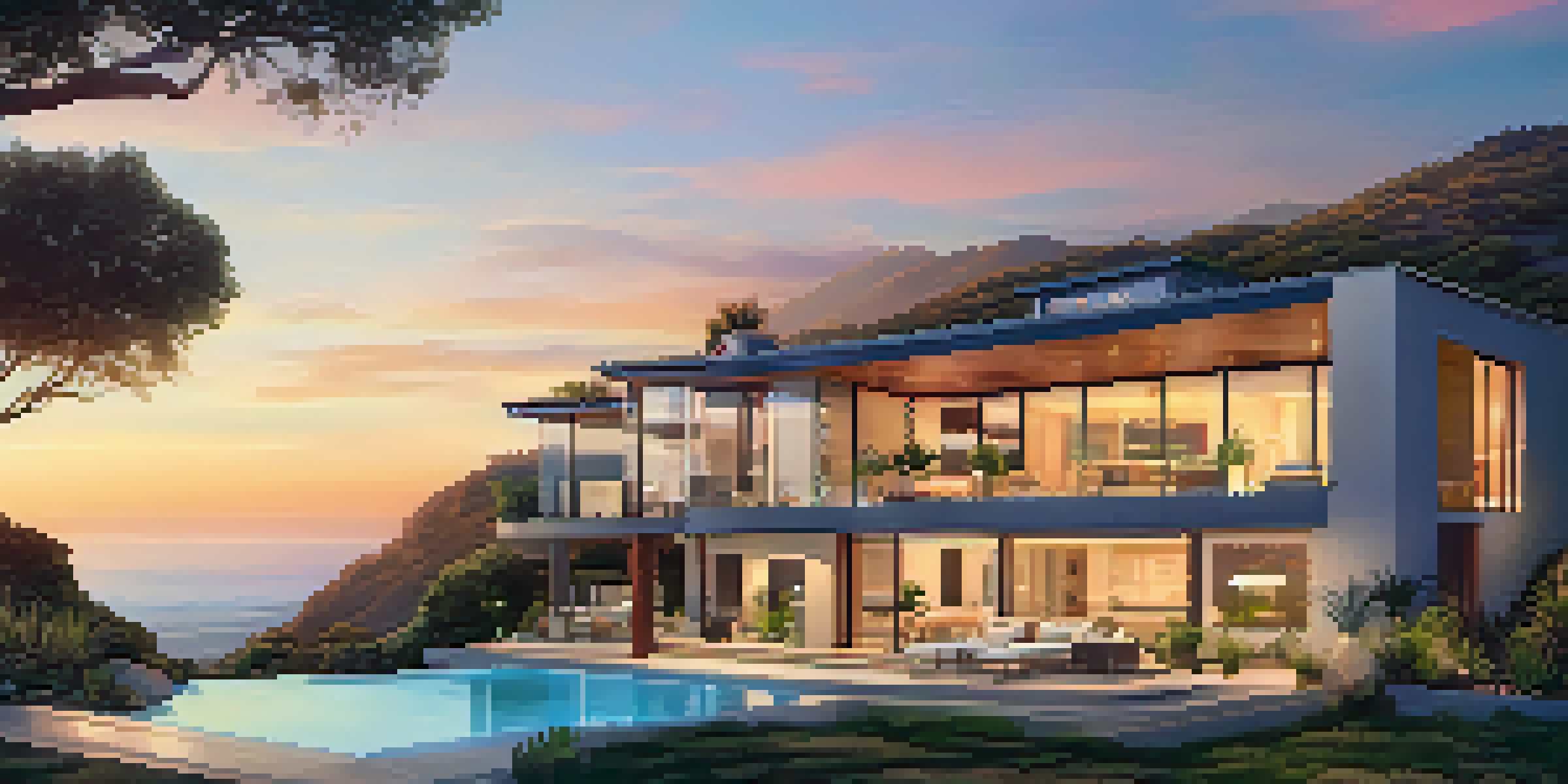 A luxurious Malibu smart home with automated lighting at sunset, featuring large glass windows and a serene pool.